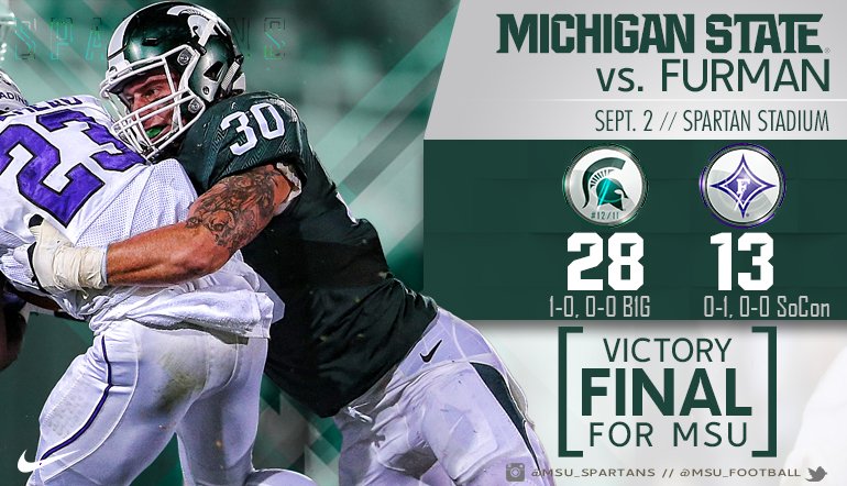 MSU_Football's tweet photo. Victory for MSU! The Spartans open the 2016 season with a 28-13 win over Furman. #MSUFUR https://t.co/tWbyVE7YF8