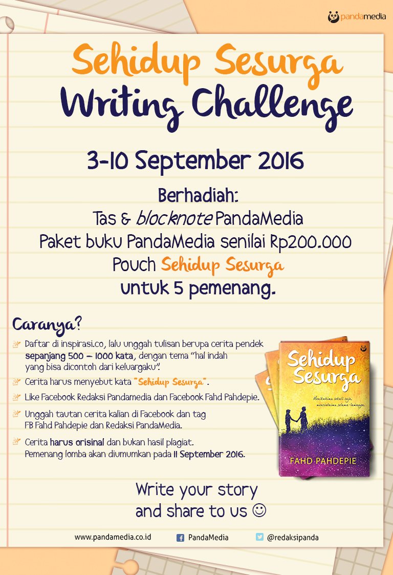 redaksipanda's tweet photo. Selamat Pagi! Yuk, ikutan #SehidupSesurga Writing Challenge dan menangkan hadiah menarik dari Pandamedia. https://t.co/qFSZJ7hgsb
