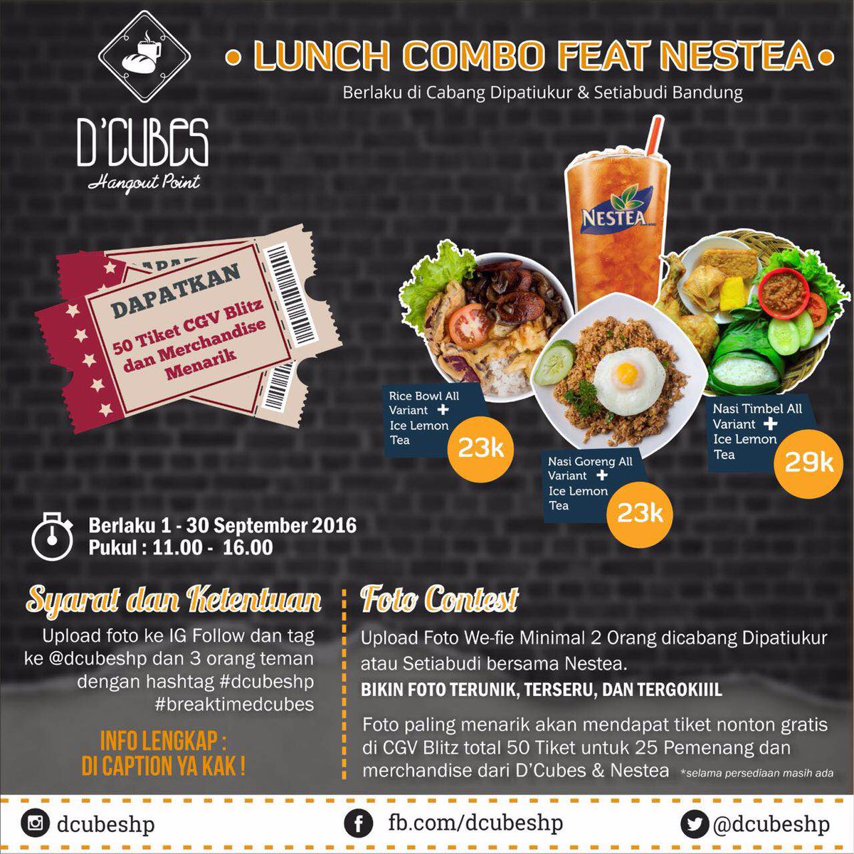 Nongkrong asik, perut kenyang dan dapetin tiket nonton gratis! siapa yg gak mau sih? buruan serbu @dcubeshp!