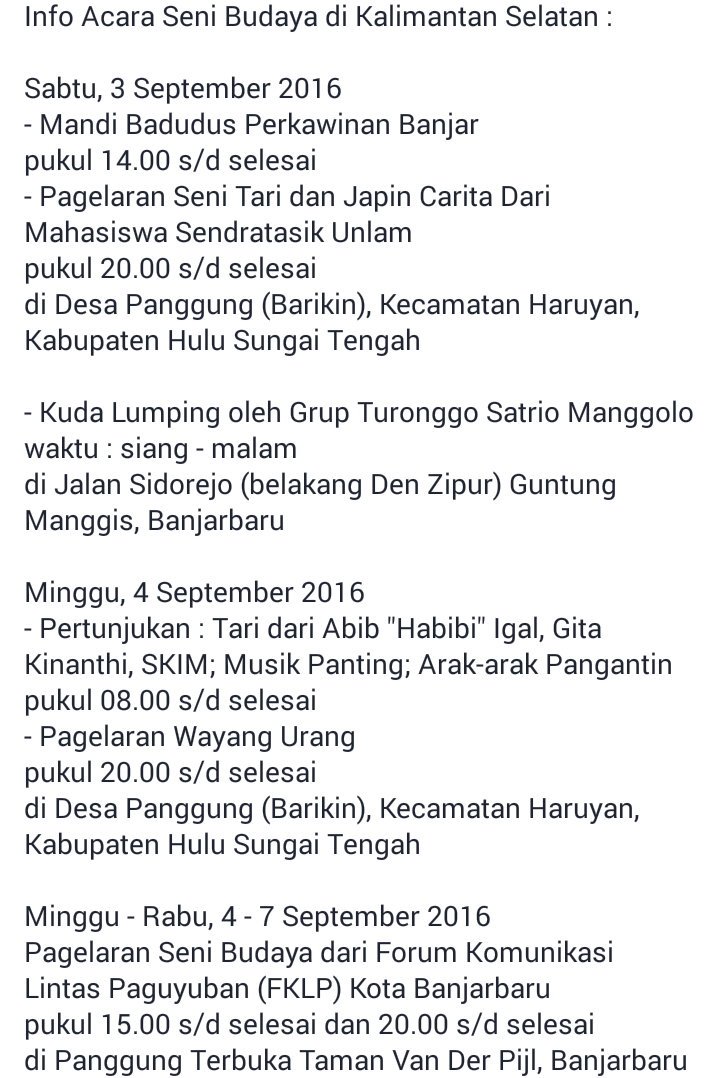 Info Acara Seni Budaya di Kalimantan Selatan :
<a href="/WargaBanua/">📍BANJARMASIN, KALIMANTAN SELATAN</a> <a href="/visitkalsel/">#visitkalsel</a> <a href="/Senibdayakalsel/">Seni Budaya Kalsel</a> @infobarabai <a href="/Seputar_Bjb/">#Banjarbaru</a>