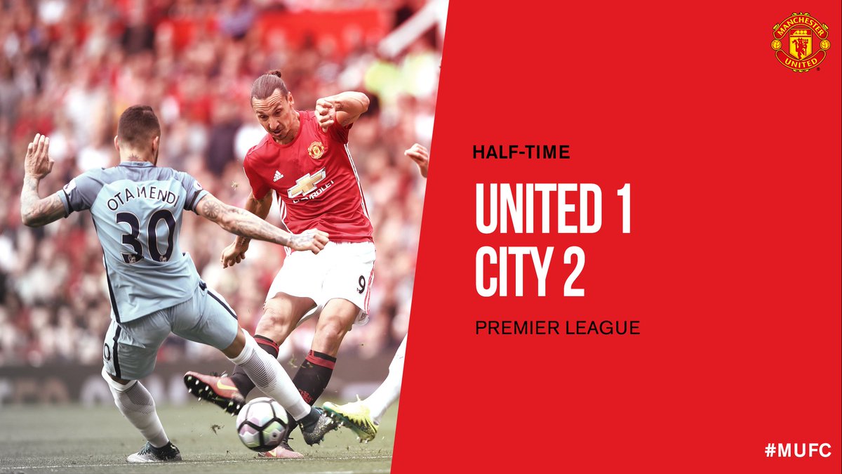 ManUtd's tweet image. HT: United 1 City 2. Zlatan's great goal has brought us back into the game after the Blues' fast start. #MUFC