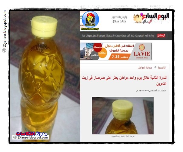 للمرة الثانية خلال يوم واحد  مواطن يعثر على صرصار  فى زيت التموين  