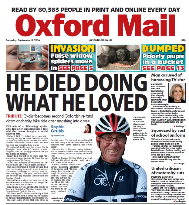TheOxfordMail's tweet photo. Today's @TheOxfordMail front page: sad story of a fun-loving cyclist who died after accident on charity ride https://t.co/wnJG4u6tHh