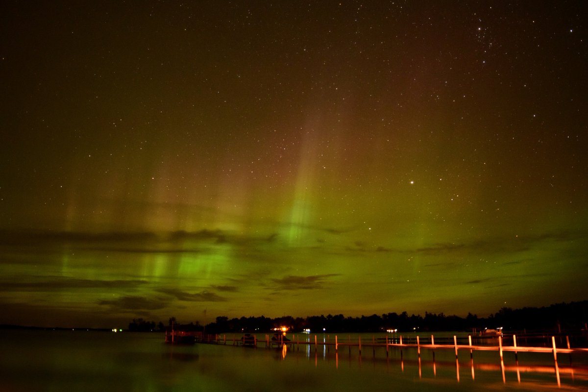 Spectacular northern lights over the lake