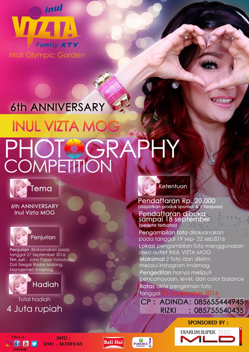 invizmog's tweet photo. Lomba Fotografi,tema :"6th Anniversary Inul Vizta MOG".Segala Usia (Bebas).Jumlah peserta terbatas @MalangPunyaGawe https://t.co/iEyaXZXT3T