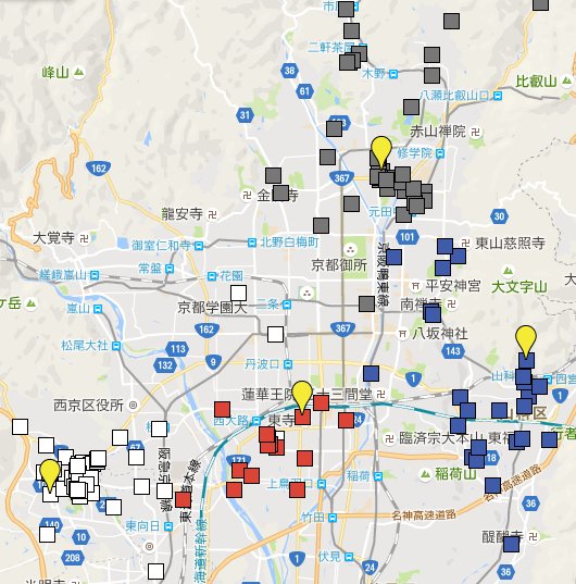 永太郎 ながたろう در توییتر 現在の 洛 の位置は ほぼ 洛 高校 の位置 の付近にある 高校の通学圏を中心にして 洛 の名が広がったのではないだろうか Googleマイマップで作成 黄色マークが 洛 高校 の位置 黒 洛北 赤 洛南 白 洛西 青 洛