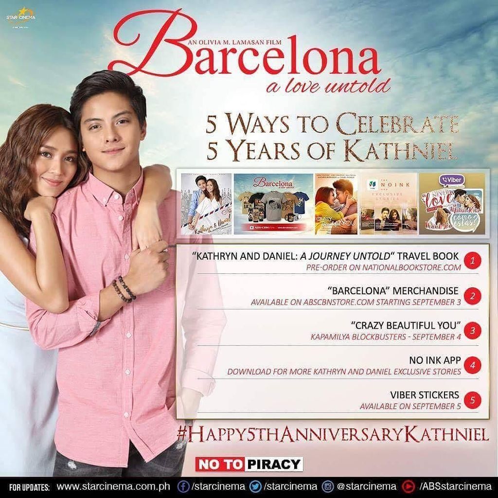 StarCinema's tweet photo. Here are 5 ways to celebrate 5 years of KathNiel! #Happy5thAnniversaryKathniel #BarcelonaALoveUntold #TheMakingOfBa… https://t.co/dfnBNowZ0t