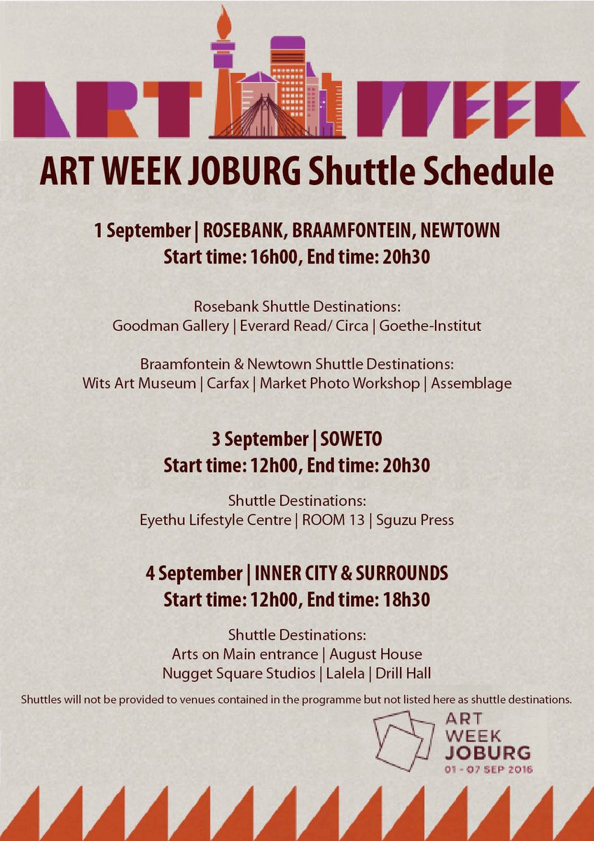 SLOWartNetwork's tweet photo. free shuttle to Drill Hall from Maboneng and Braamfontein #ARTWEEKJOBURG #SLOWartNetwork #PSP #GreenOffice https://t.co/NyXNLK68SI