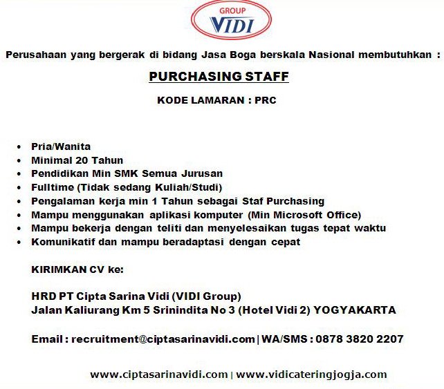 #lowker #jogja PURCAHSNG|P/W|min 20thn|min SMK|pnglmn 1 thn|fulltime|recruitment@ciptasarinavidi.com|WA:087838202207