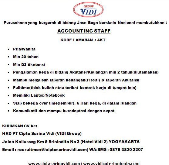 #lowker #jogja ACCOUNTING|P/W|min 20thn|min D3|pnglmn 2thn|fulltime|recruitment@ciptasarinavidi.com|WA: 087838202207