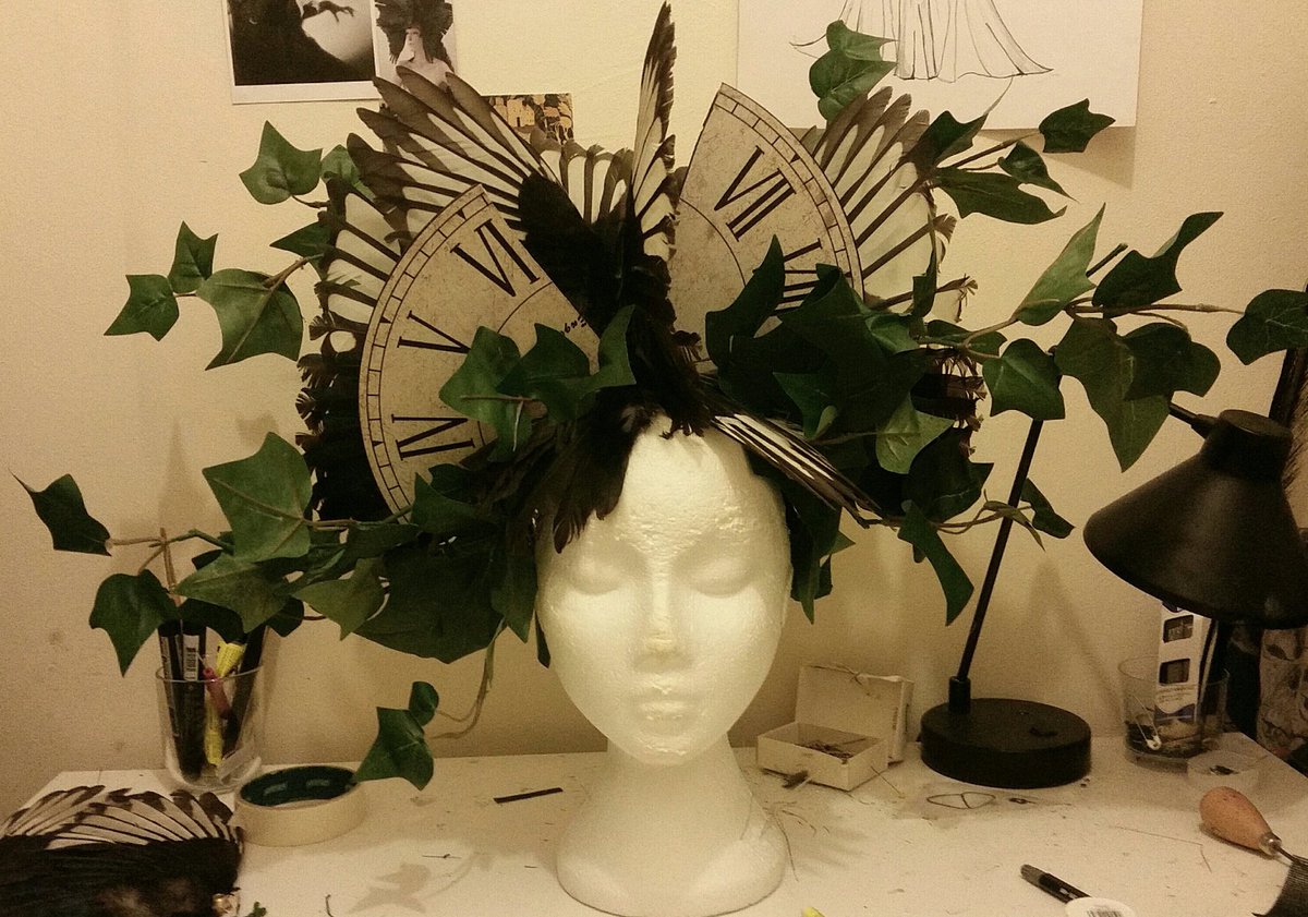 Jay Briggs bespoke taxidermy magpie, vintage clock and Ivy headpiece <a href="/HPRLONDON/">Harriet Potter</a> for <a href="/vmagazine/">V Magazine</a>