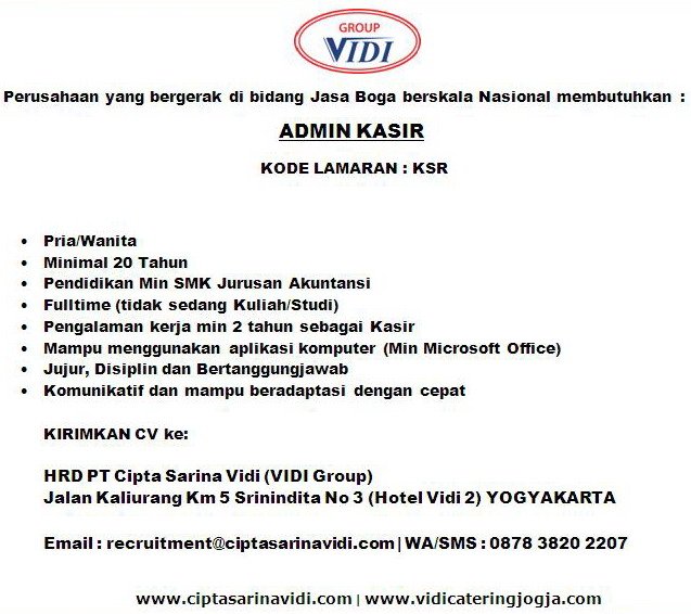 #lowker #jogja KASIR|P/W|min 20thn|min SMK Akt|pnglmn 2thn|fulltime|recruitment@ciptasarinavidi.com|WA:087838202207