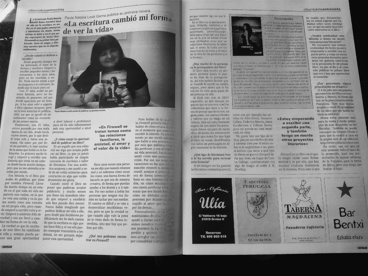 FirewellElla's tweet photo. Entrevista en la revista Auzolan #Entrevista #revista #Auzolan #Septiembre #Firewell #NataliaLoidi #escritoranovel https://t.co/1QBSvuDD9S