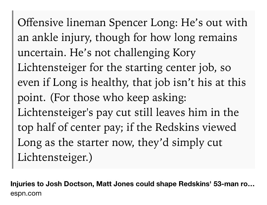 Text Shot: Offensive lineman Spencer Long: He’s out with an ankle injury, though for how long remains uncertain. He’s not challenging Kory Lichtensteiger for the starting center job, so even if Long is healthy, that job isn’t his at this point. (For those who keep asking: Lichtensteiger's pay cut still leaves him in the top half of center pay; if the Redskins viewed Long as the starter now, they’d simply cut…