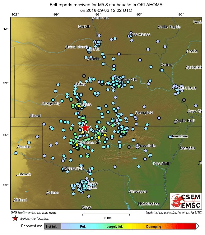 LastQuake's tweet image. M5.8 #earthquake (#sismo) strikes 118 km NE of Oklahoma City (#Oklahoma) 16 min ago. Updated map of its effects: