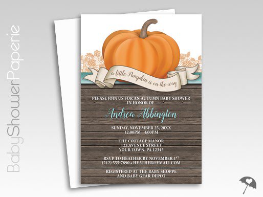 Rustic Orange Teal and Wood Pumpkin Baby Shower Invitations babyshowerpaperie.com/2016/09/rustic…