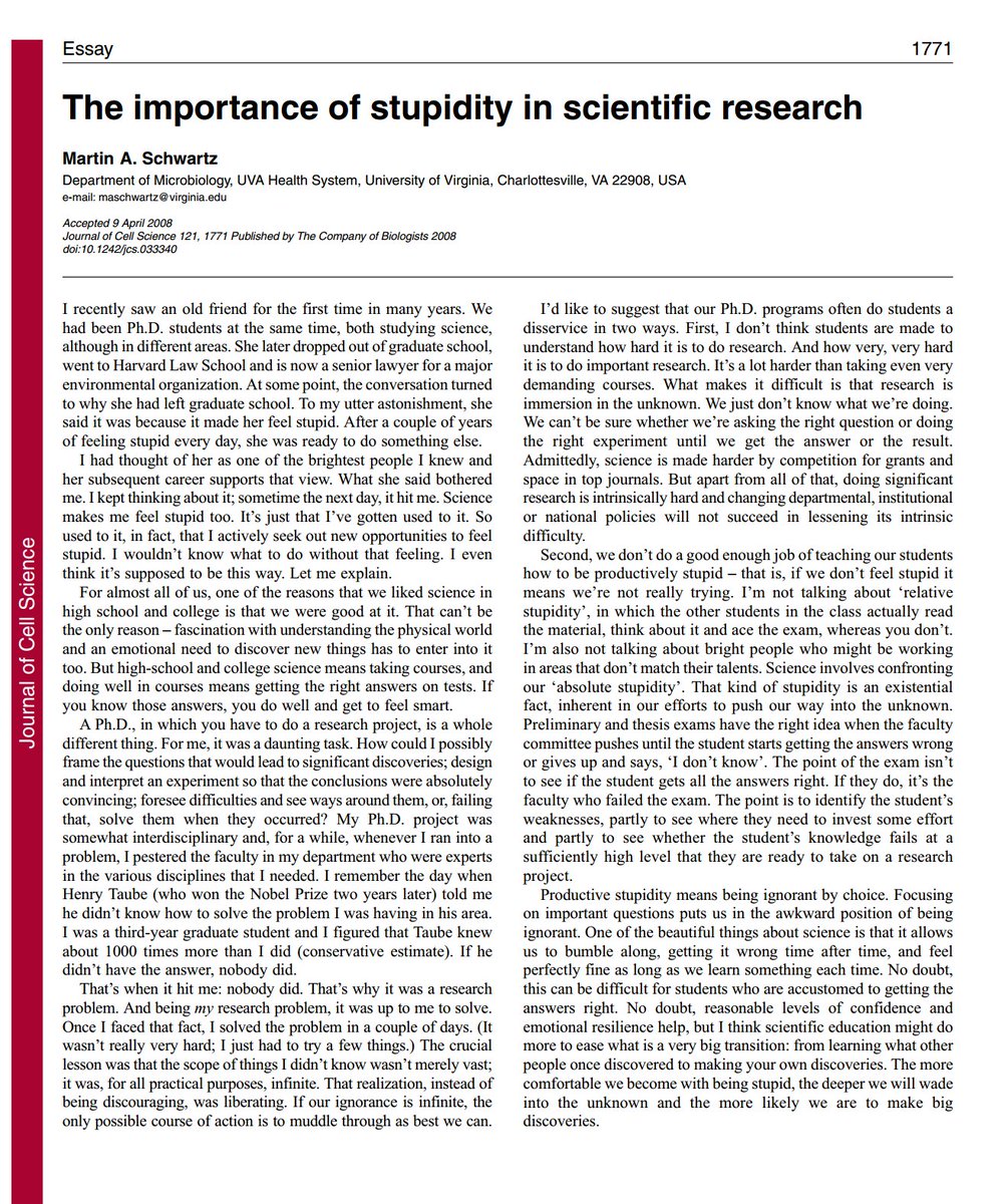 bmart87's tweet photo. @saraescudeiro @FromPhDtoLife @PhDForum @PhDStudents I've found this essay by Martin Schwartz helpful during my PhD https://t.co/VZSd51x3cf
