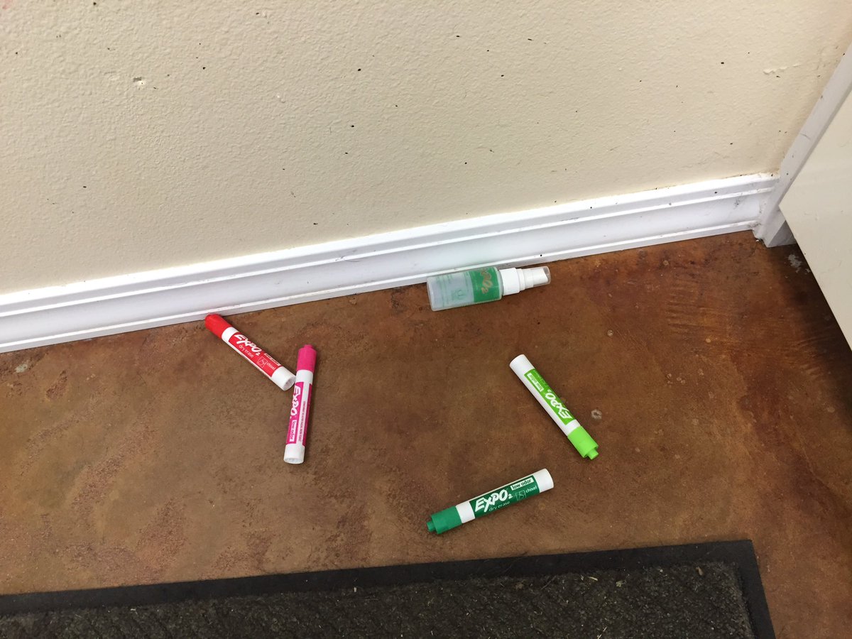 TuneInLoungeGuy's tweet photo. Earthquake damage:Markers in my shop knocked off of the dry erase board into the floor. #Earthquake2016 #NeverForget https://t.co/MnznJSWpK5