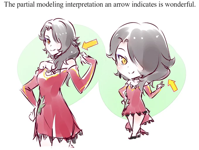 ちびシンダーさんのモデリングのどこが素晴らしいのかを図解してみましたw(肩に乗って髪の毛がのボリューミューになっているのがシンダーさんたらしめるのにチビだと肩に乗っからない...) 
