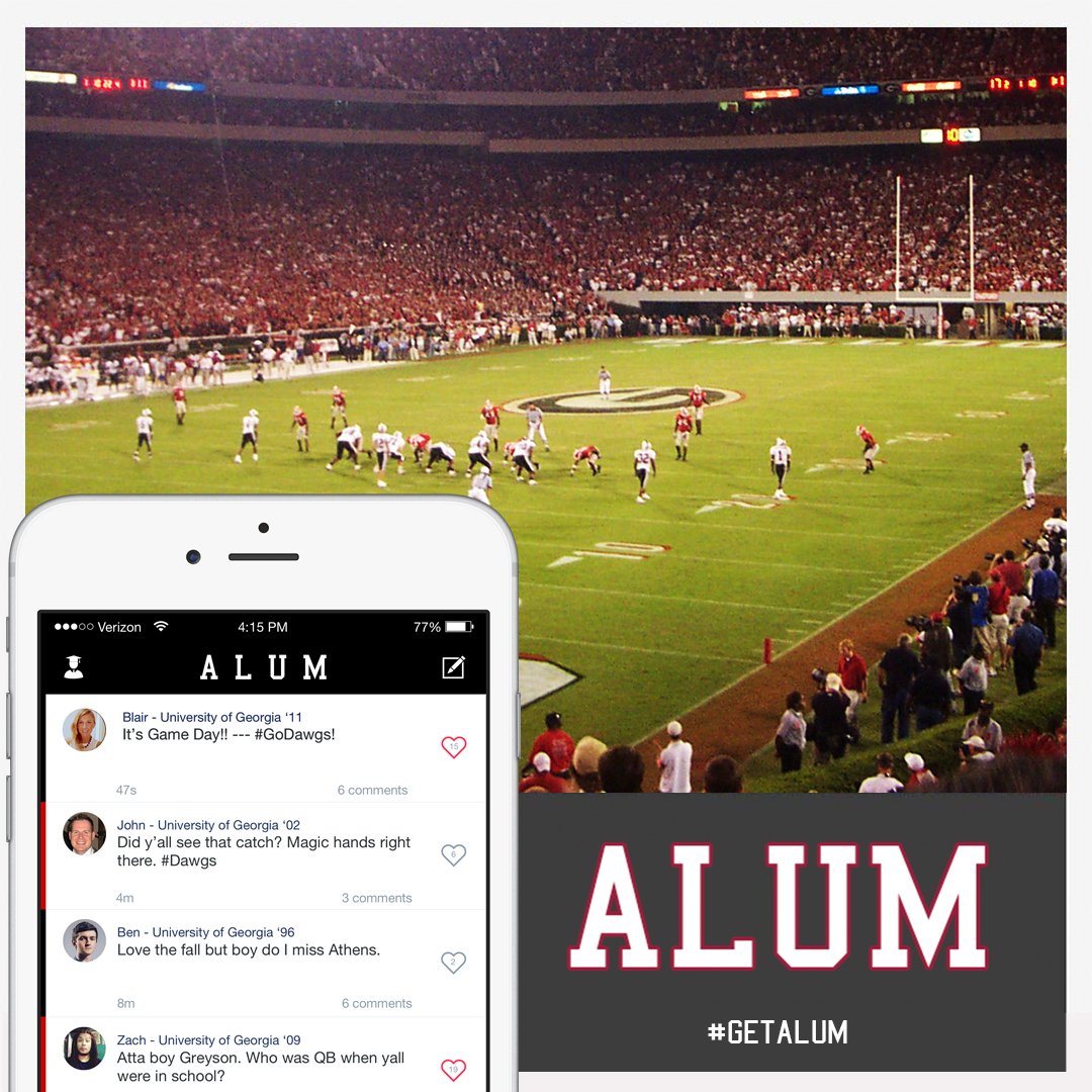 getalum's tweet photo. What to chat live with other #UGA alumni for #GameDay? Get Alum for iOS - https://t.co/nGcqiLYoTg #GoDawgs #BeatUNC https://t.co/60yDX0lde6