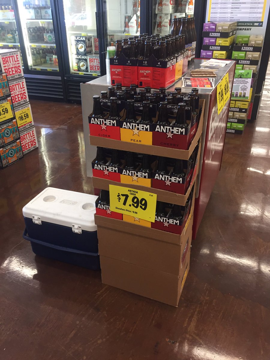 CiderKennan's tweet photo. Getting everyone in Eugene ready for the Duck game with @wacider and @anthemcider over @GroceryOutlet.
#GoDucks https://t.co/QUJ7ivwcMA
