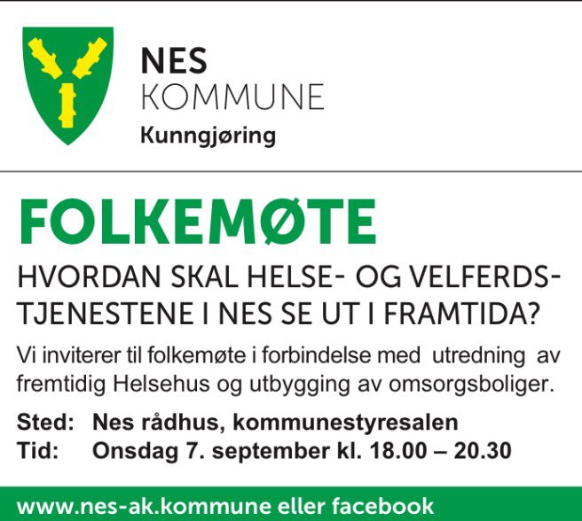 Neskommune's tweet photo. Vi inviterer alle, både ung og gammel, stor og liten, foreldre og foresatte til folkemøte. #neskommune #folkemøte https://t.co/D4mGw4TfxD