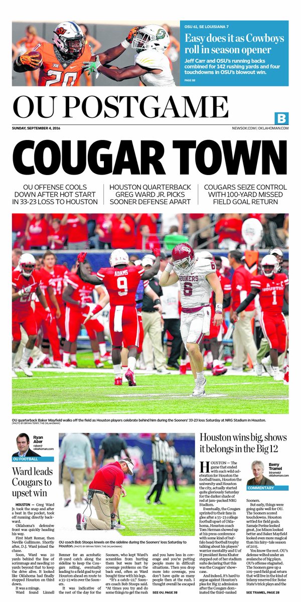 JoeBuettner's tweet photo. Tomorrow's cover of The Oklahoman sports section. #Sooners https://t.co/ZGm08HtKcD