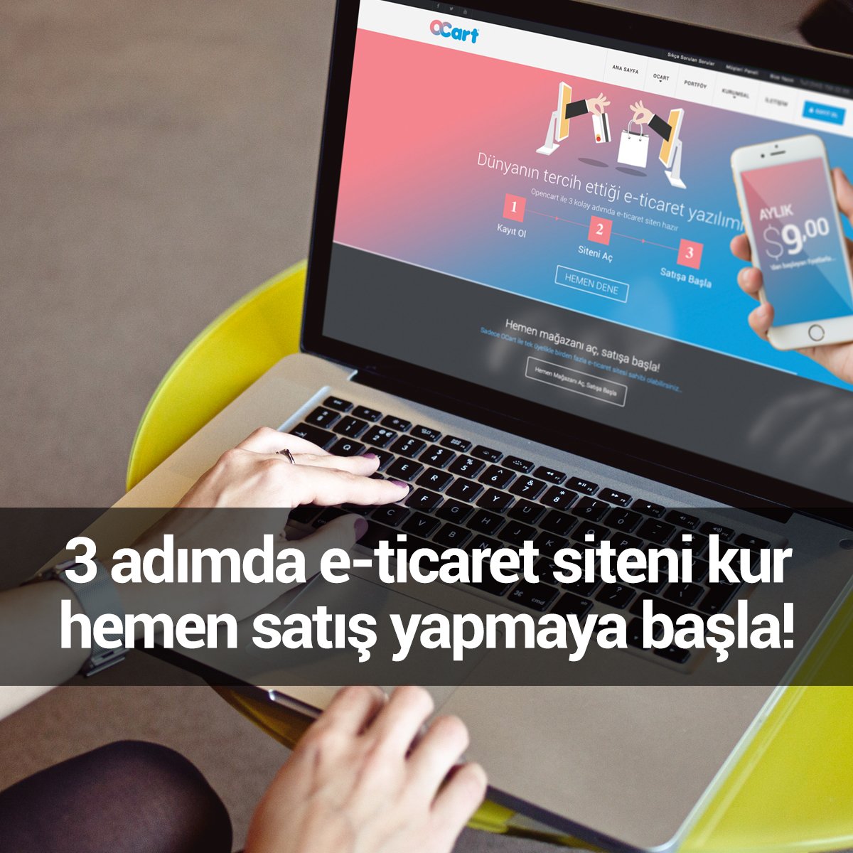 3 kolay adımda e-ticaret siteniz hazır; kayıt ol, siteni aç, satışa başla! Üye olmak için ocart.co
