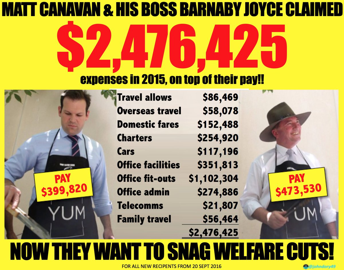 johndory49's tweet photo. Barnaby Joyce &amp; his ex-office boss claimed $2.5M expenses plus pay in 2015!
Now plan to cut all welfare!!! #auspol https://t.co/VSJYf6ledl
