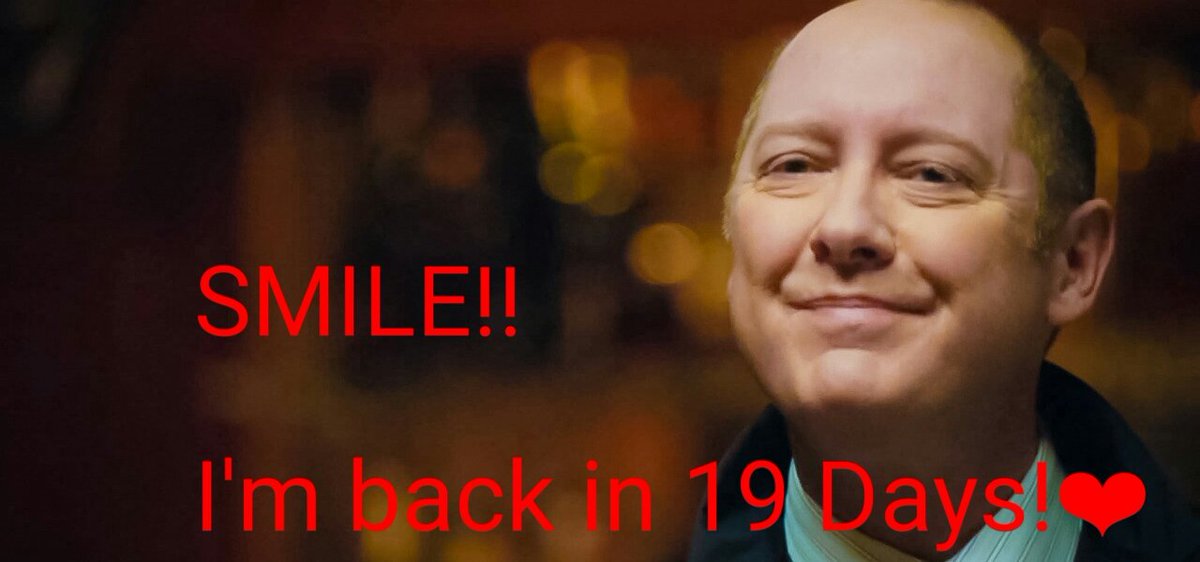 Antje1510's tweet photo. Smile!! This man is back in 19 Days. I think it's gonna be awesome and great👊 @NBCBlacklist #JamesSpader❤ #RedReturn https://t.co/O308fjC4Lu