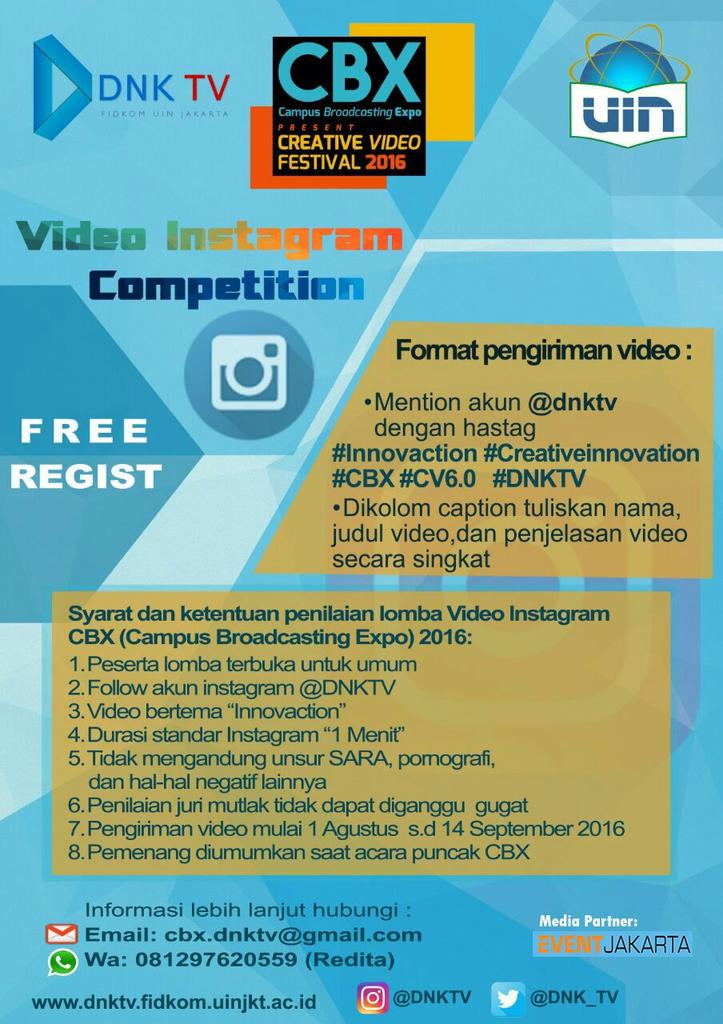 Yuk ikutan Video Instagram Competition | Free Regist| More info: 081297620559
#Creativeinnovation #CBX #innovaction
