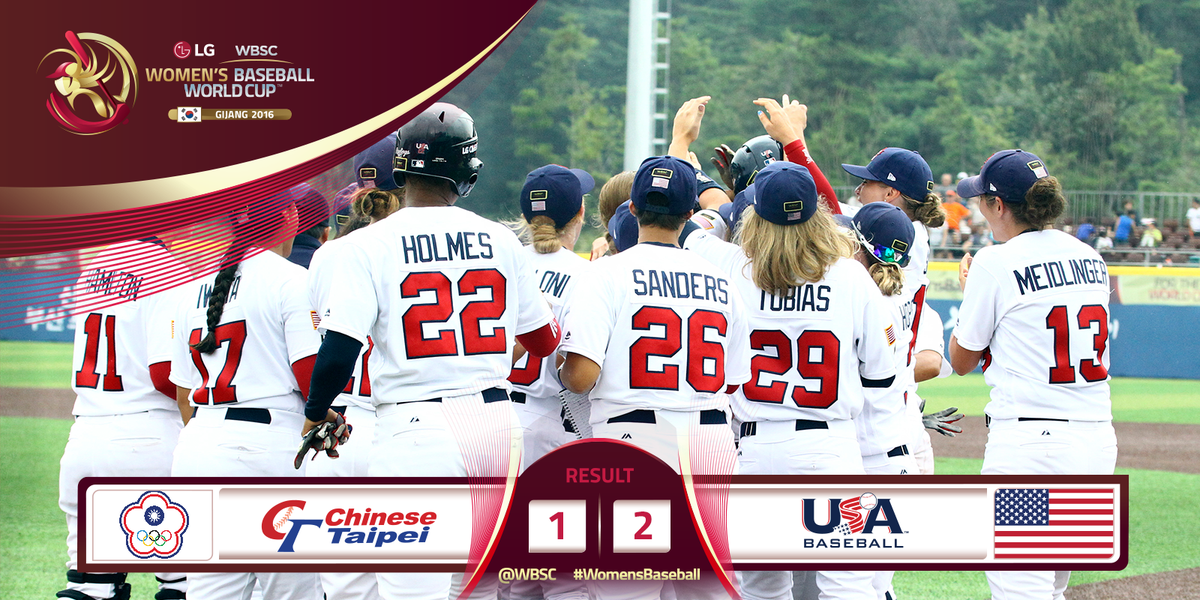 WBSC's tweet photo. USA wins !!!!!!! 2-1 v Chinese Taipei #WomensBaseball #WorldCup  @USABaseballWNT @ctba https://t.co/tOLOetgzvl