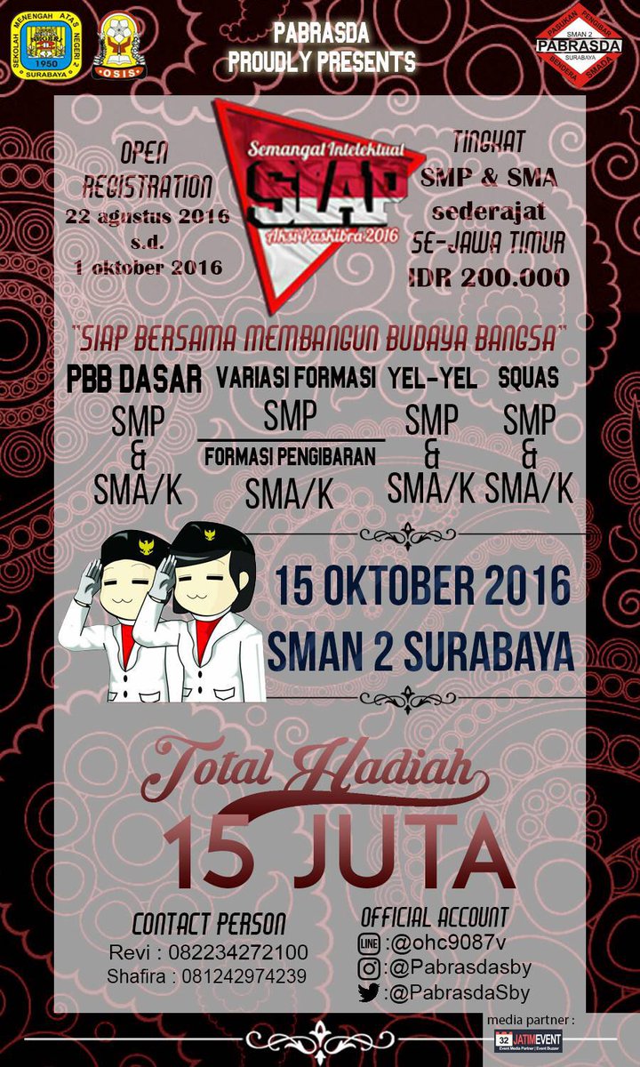 Ayo daftarkan pasukanmu di SIAP 2016! | SMA/K/Sederajat &amp; SMP/Sederajat Se-Jatim |Total hadiah 15 jta  <a href="/PabrasdaSby/">Pabrasda Surabaya</a>