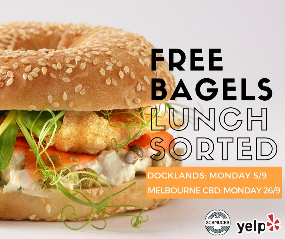 Free bagel party tomorrow 12-2pm with <a href="/YelpMelbourne/">Yelp Melbourne</a> at our Docklands store #melbournefood #seriouslyschmucks