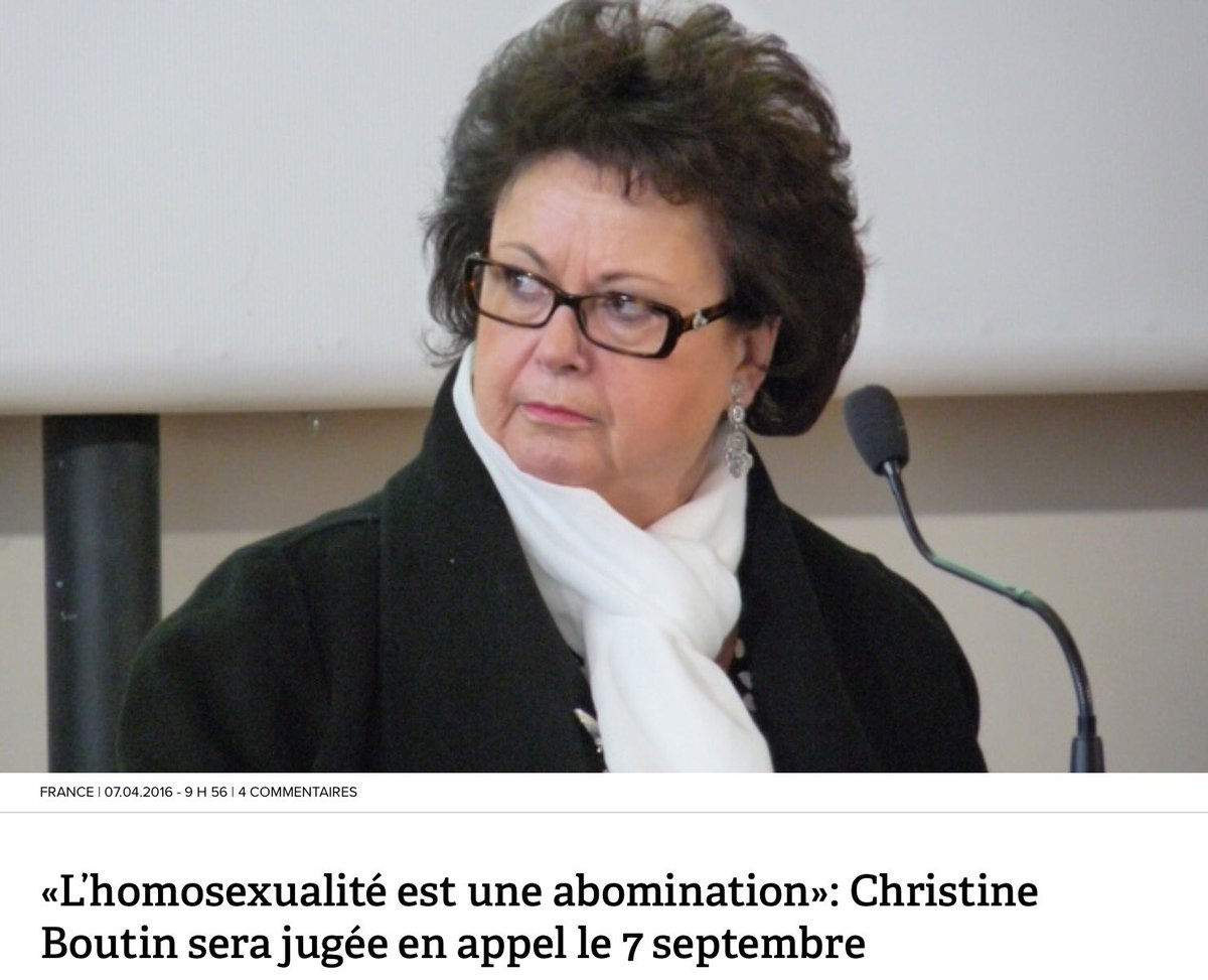 FanQAF's tweet image. RT «L’homosexualité est une abomination»
@christineboutin sera jugée en appel le 7 septembre
m.yagg.com/2016/04/07/lho…