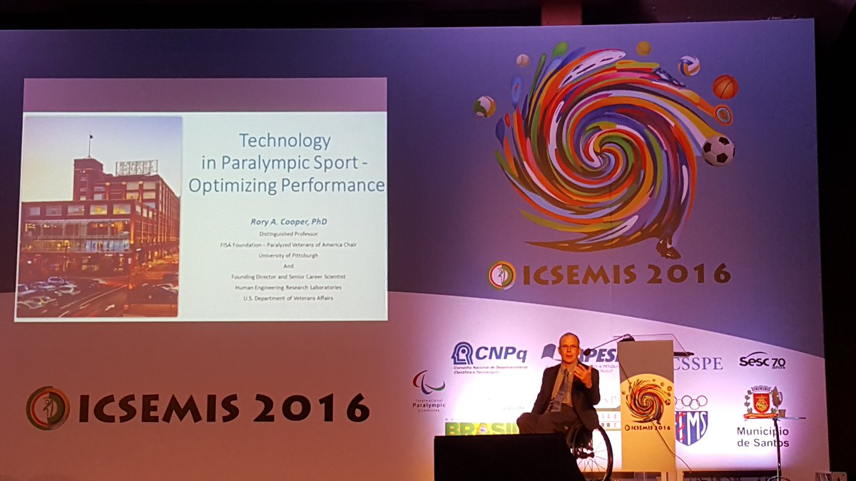 Janssen_Thomas1's tweet photo. Prof Rory Cooper presents on how technology helps optimising Paralympic sport. #ICSEMIS2016 Santos https://t.co/yJDVgfVZX9