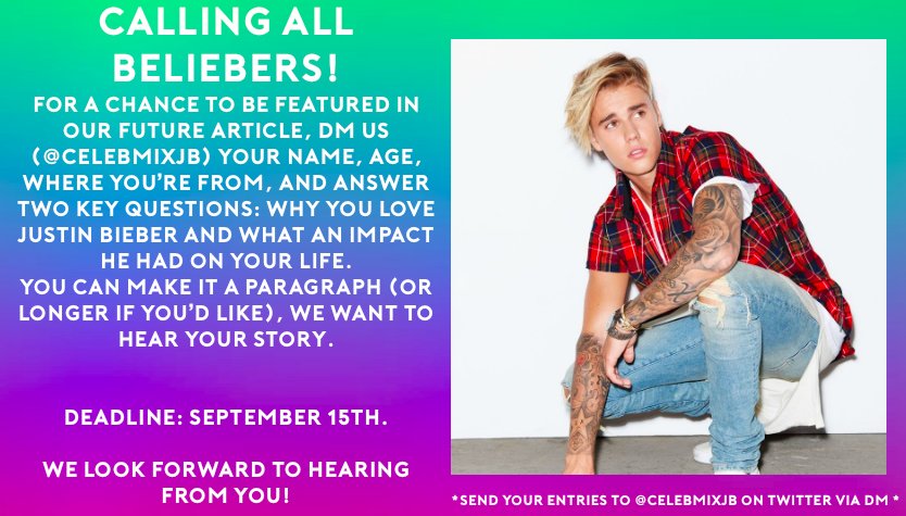 CelebMixJB's tweet image. Don't be shy
DM us your entries about why you love .@justinbieber and we'll share your story in a .@CelebMix article
