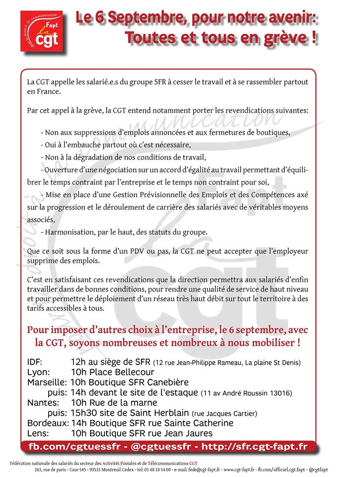 GREUBELINUX's tweet photo. Appel Soutien Salariés#SFR 5000 licenciés "volontaires" 1/3 des salariés 6/09 12hLaPlaineSaintDenis #CoucouJexiste https://t.co/TgrmuGgito