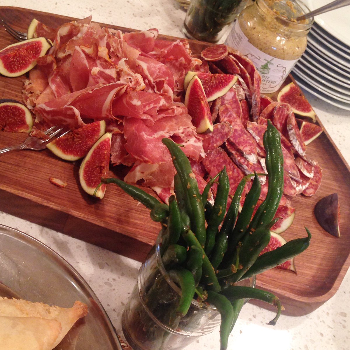 Capicollo from #FugeMeats fresh figs and marinated greens beans on our #walnut boards #catering #yegfood #template