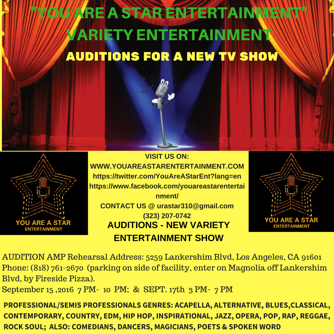 YouAreAStarEnt's tweet photo. #youareastarentAuditions #AmpRehearsalStudios 5259 Lankershim Blvd. (818)7612670 9/416 3-7p;  9/15 7-10p; 9/17 3-7p https://t.co/bTlKGYnktl