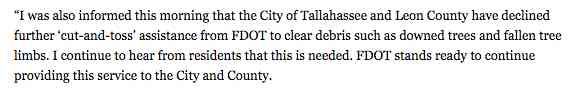 .@FLGovScott says <a href="/COTNews/">City of Tallahassee</a> declined state assistance from <a href="/MyFDOT/">FLORIDA DOT</a> to clear post-#Hermine debris.