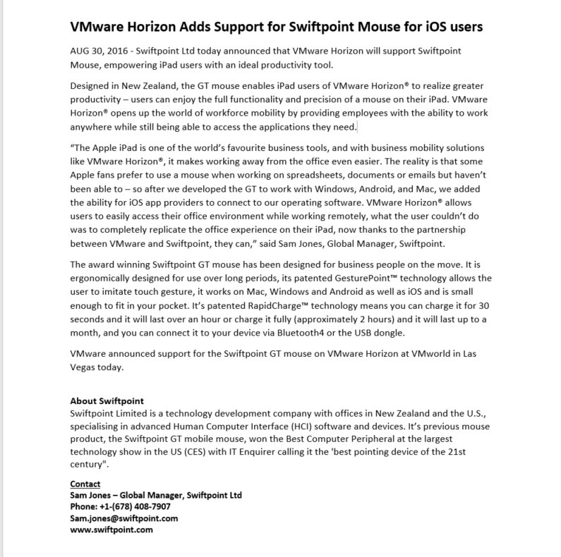 SamTJonesNZ's tweet photo. @swiftpoint partners with @vmwarehorizon to increase iPad efficiency #iPadMouse @VMworld2016 @VMware https://t.co/SjLoEUUWZn