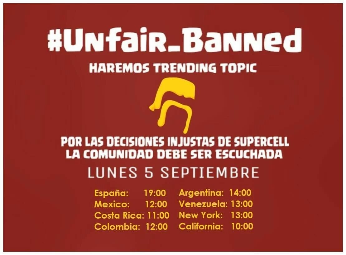 La comunidad se pronuncia. Lunes 5 usa el hashtag #Unfair_Banned Porfavor difunde la imágen RT RT RT
<a href="/ClashofClans/">Clash of Clans</a>