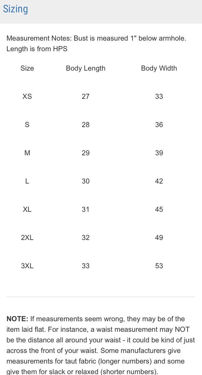 Fright Rags Size Chart