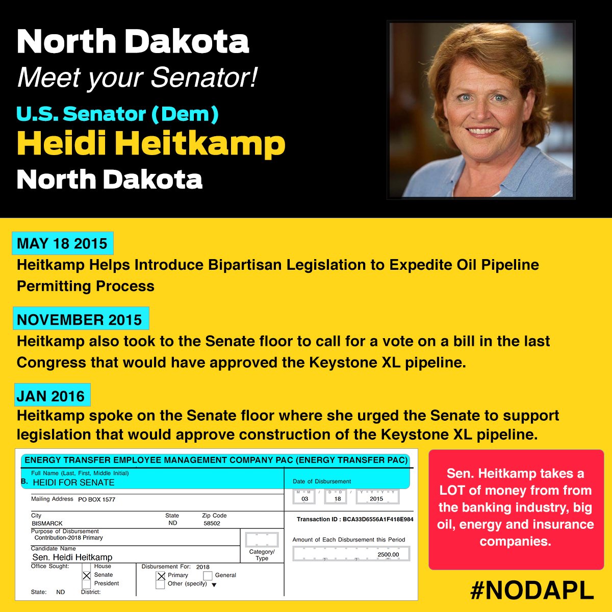 OurRevolutionUS's tweet photo. .@SenatorHeitkamp accepts contributions from ETP. 
https://t.co/iqgz5Y6TWu
Call her: (202) 224-2043 #NoDAPL https://t.co/aODIlUbHhp
