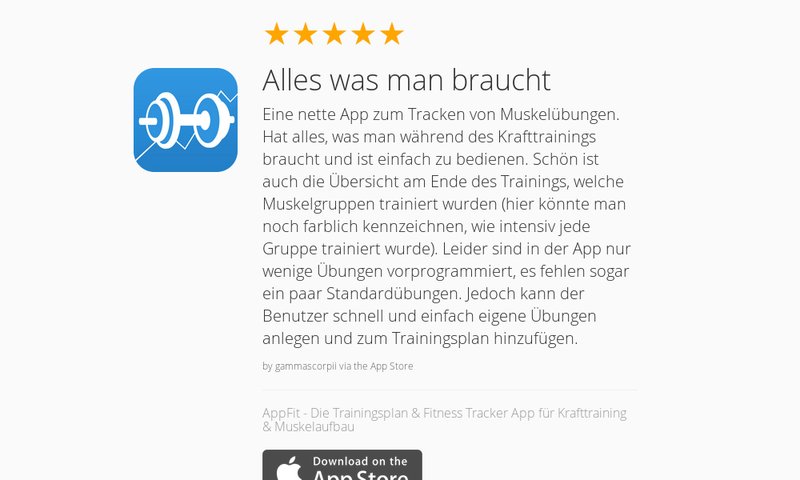 AppFitApp's tweet image. 5 Star Review: "Alles was man braucht: Eine nette App zum Tracken von Muskelübungen. Hat a…" launchkit.io/reviews/T0QaeP…