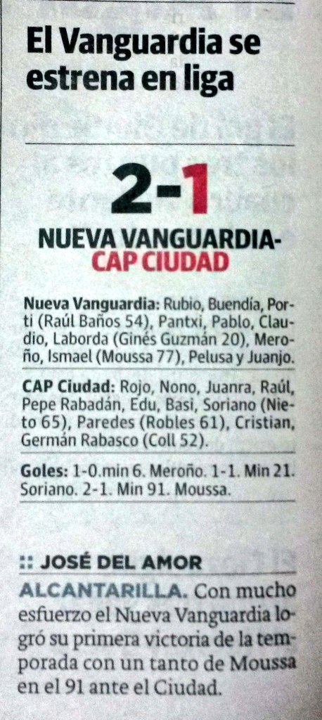 #CRÓNICAS del <a href="/NuevaVanguardia/">Nueva Vanguardia</a> 2-1 <a href="/CiudadDeMurcia/">CAP Ciudad de Murcia</a> de ayer en el <a href="/diariolaopinion/">La Opinión de Murcia</a> y <a href="/laverdad_es/">laverdad_es</a>.