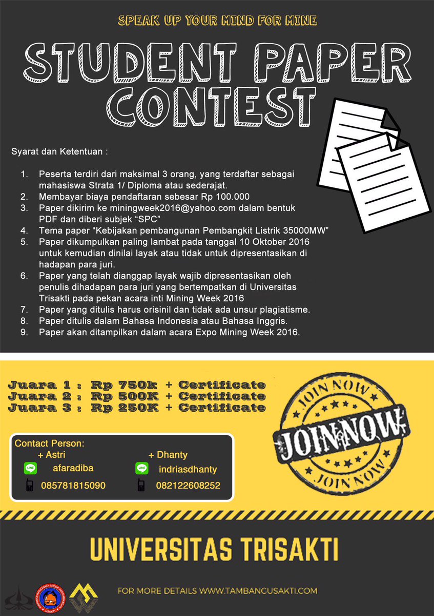 Student Paper Contest for S1 amd Diploma Degree: 
"Kebijakan  Pembangkit Listrik 35000mw"
Due Oct 10th
#miningweek