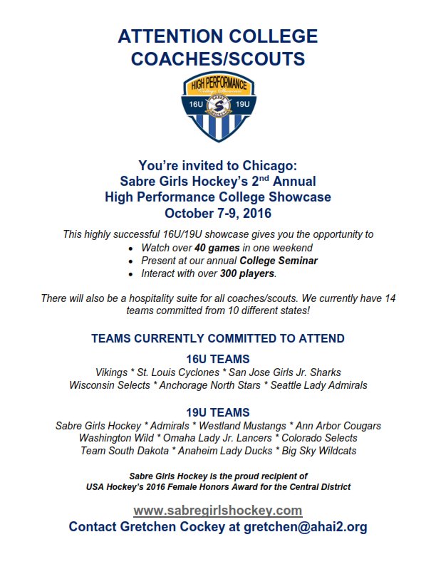 SabreGirlHockey's tweet photo. Hey Coaches, we'd love to have your college represented at our High Performance College Showcase in Oct 7-9th! https://t.co/SMGaSB2iRt