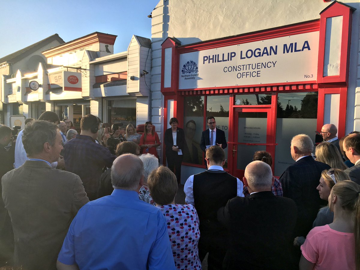 timmehmclean's tweet photo. Our new MLA @philliplogan introducing @DUPleader at the opening of his new Galgorm constituency office. #ServiceEver https://t.co/i7AyLGQcWS
